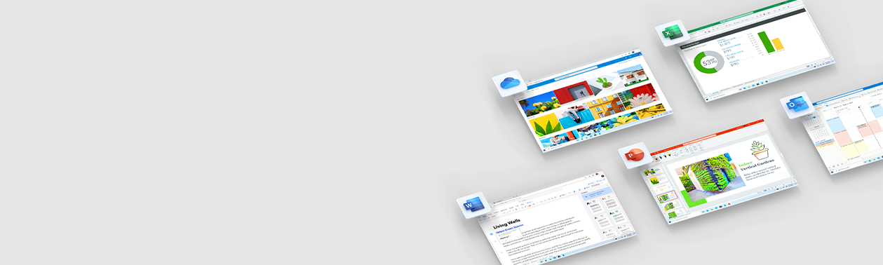 Ecrãs e ícones de aplicações do Office que fazem parte do Microsoft 365
