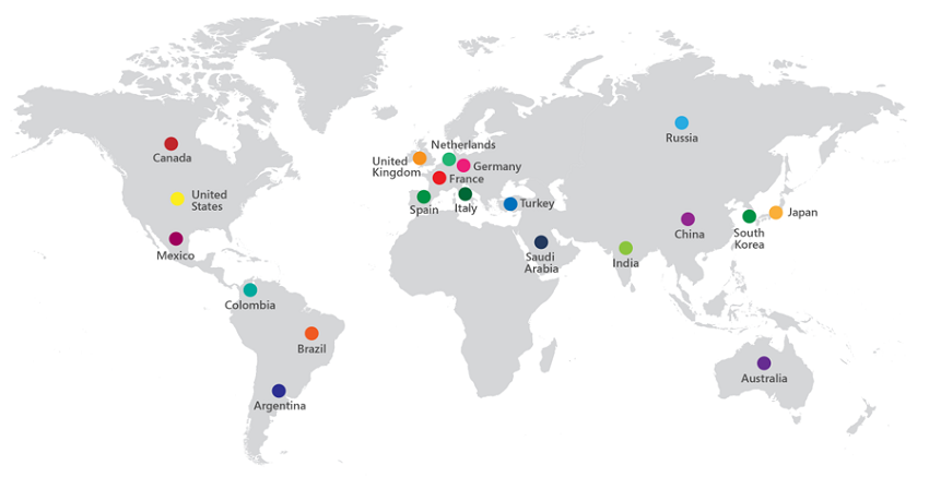 World map with top 20 markets for Microsoft privacy dashboard users. Visit Appendix section for details.
