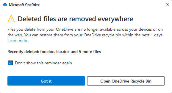 First delete dialog alert for OneDrive files - M365 Admin