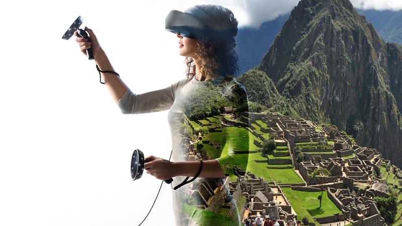 Woman using a device showcasing Virtual Reality