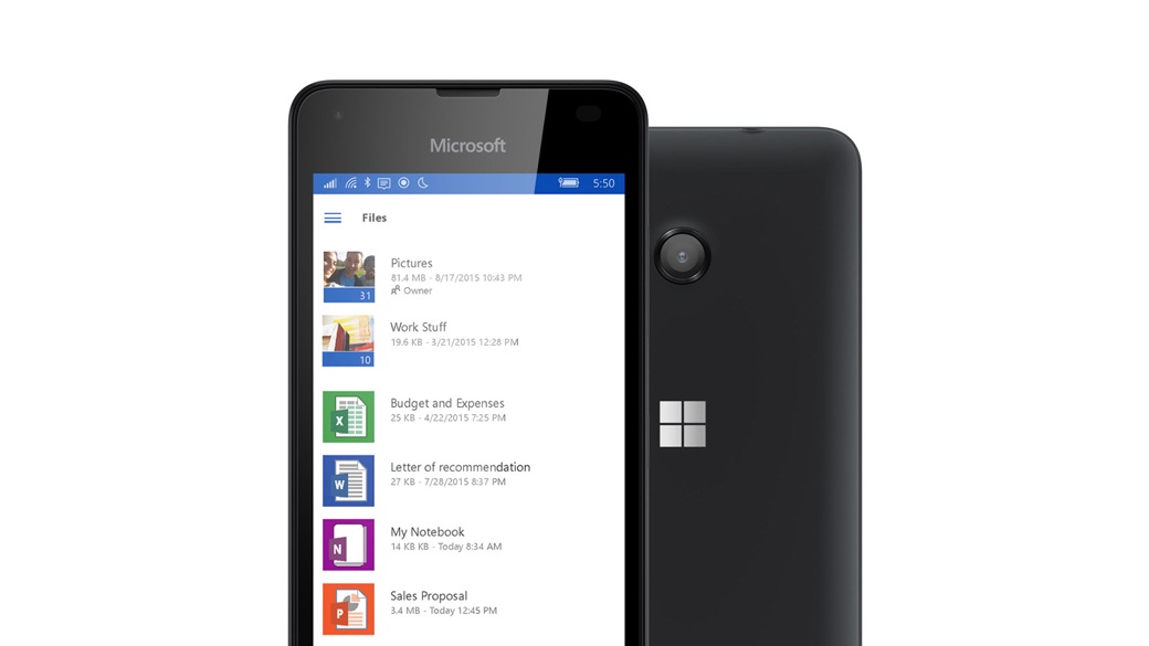 Two black Lumia 550 phones with one facing backward showing camera and the other facing forward with Ondrive folder screen
