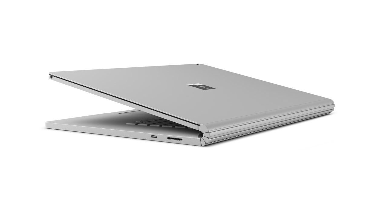 Surface Book 2, rear view, lid mostly closed