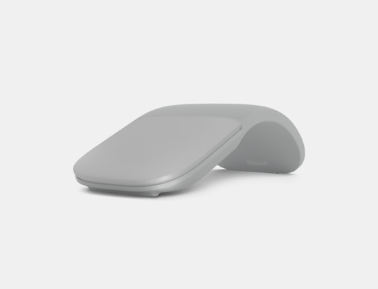 Side front angle view of the Surface Arc Mouse in Light Gray.