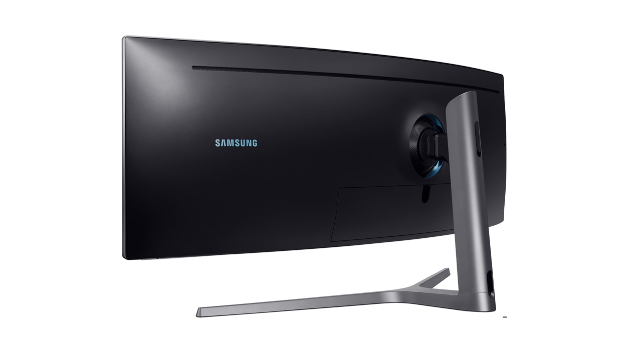 Back left side view of Samsung 49" CHG90 QLED Gaming Monitor 