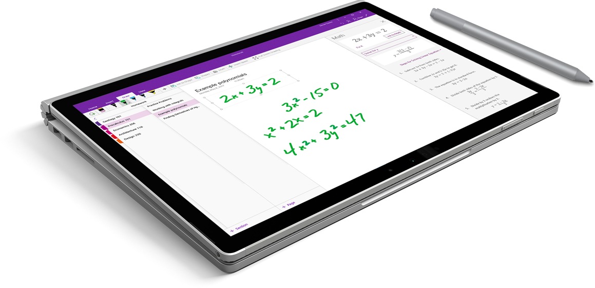 Surface Book running OneNote with hand written notes using the Surface Pen