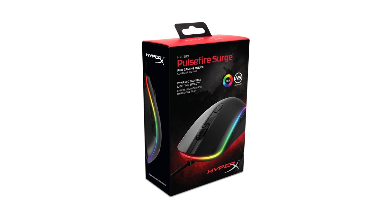 Front view of the Kingston HyperX Pulsefire Surge RGB Gaming Mouse's box
