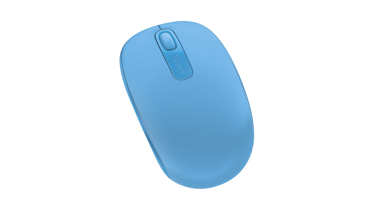 Bovenaanzicht van cyaan Microsoft Wireless Mobile Mouse 1850.