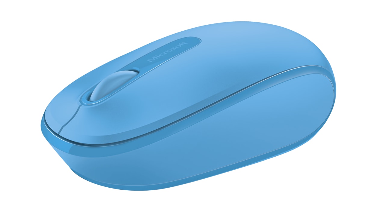 Schuin aanzicht van cyaan Microsoft Wireless Mobile Mouse 1850.RE1h3ae