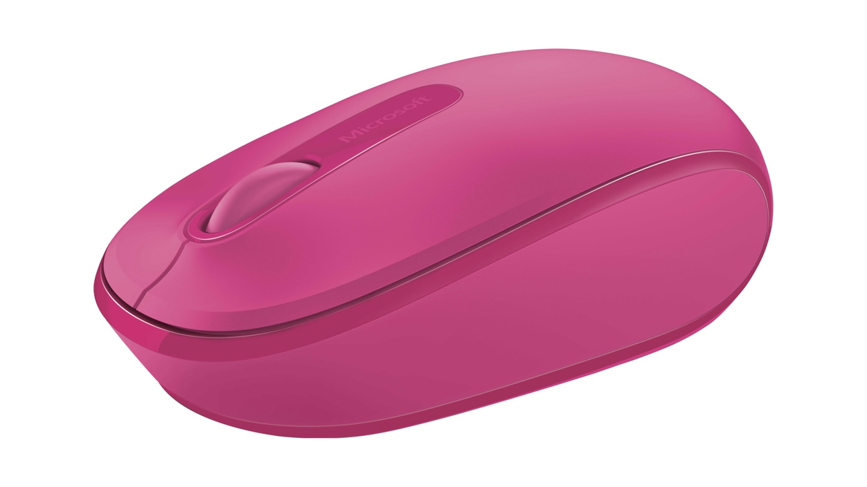 Angled view of Magenta Pink Microsoft Wireless Mobile Mouse 1850.
