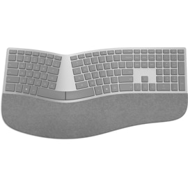 Drauf-unten-Ansicht einer grauen Surface Ergonomic-Tastatur mit geteilter Tastatur.