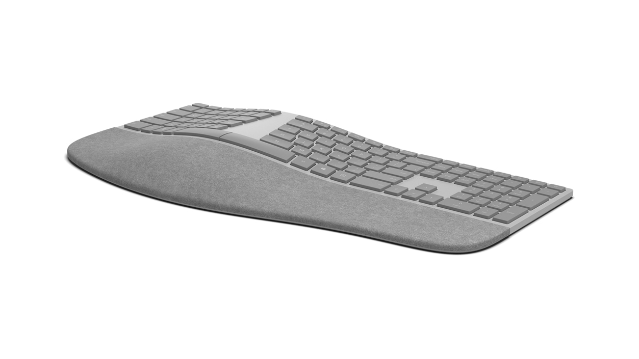 Left angled view of the Surface Ergonomic Keyboard in Gray.