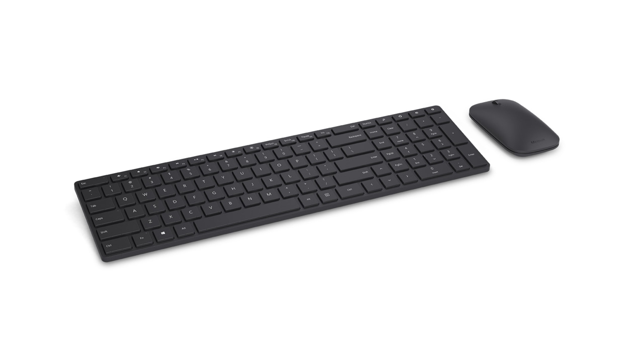 Left angled view of the Microsoft Designer Bluetooth Desktop keyboard and mouse.