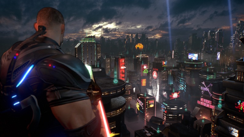 Main character of Crackdown 3 on a rooftop overlooking the city. 