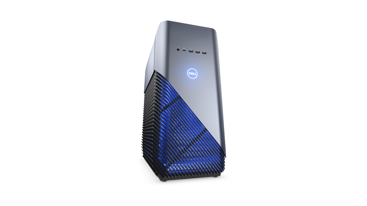 Dell Inspiron Gaming Desktop 5680 angled frontal view with blue LEDs visible