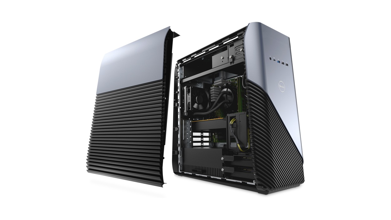 Dell Inspiron Gaming Desktop 5680 angled view of machine with left side panel removed, exposing machine’s interior