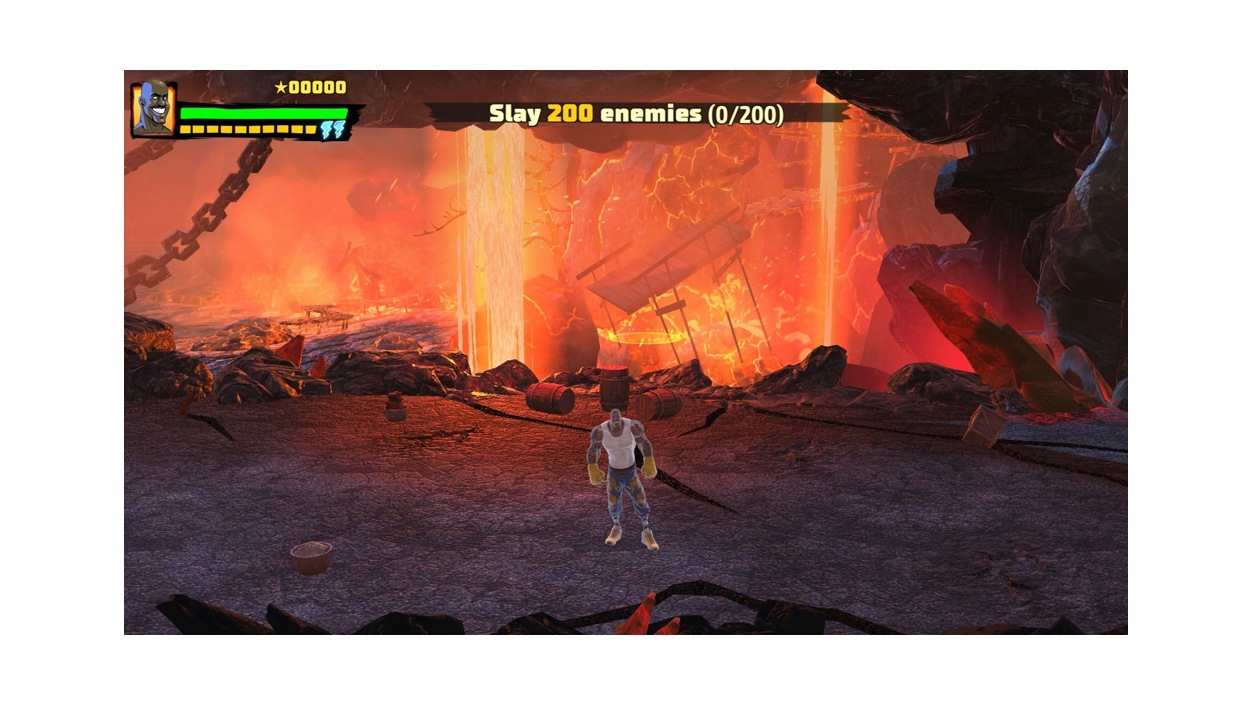 Shaq standing in a cave with lava with tezt that reads "Slay 200 enemies (0/200)"