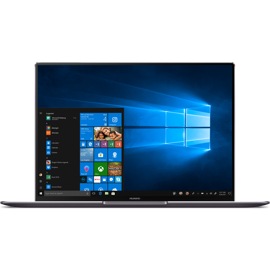 Front view of the Huawei Matebook X pro opened with Windows desktop screen