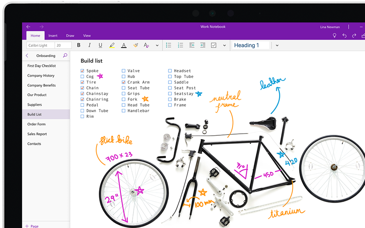 A OneNote page showing a list of bicycle parts with hand-drawn annotations