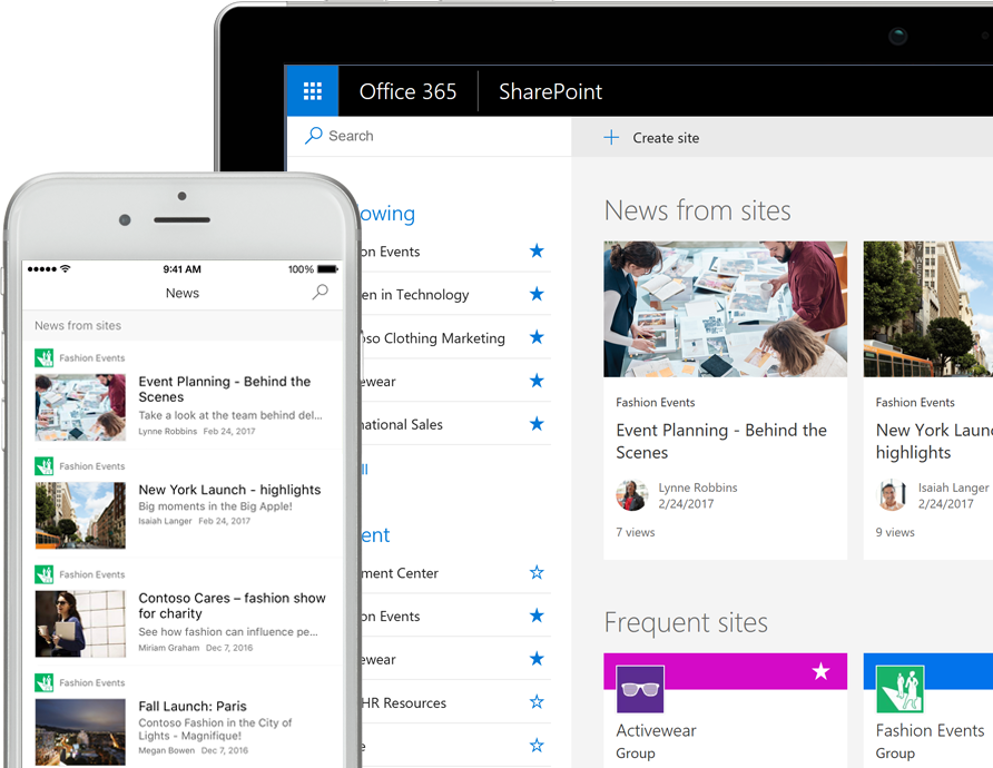 SharePoint with news on a smart phone and with news and site cards on a tablet PC