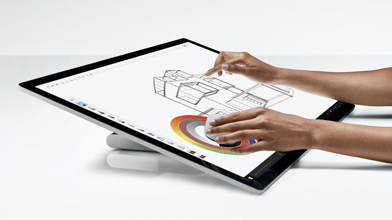 A person sketches with Surface Pen on the Surface Studio 2 28” touchscreen in Studio Mode