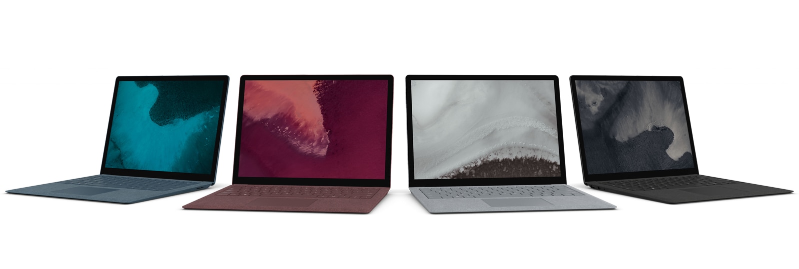Four Surface Laptop 2 devices shown open in all colors: Cobalt, Burgundy, Platinum, and Black