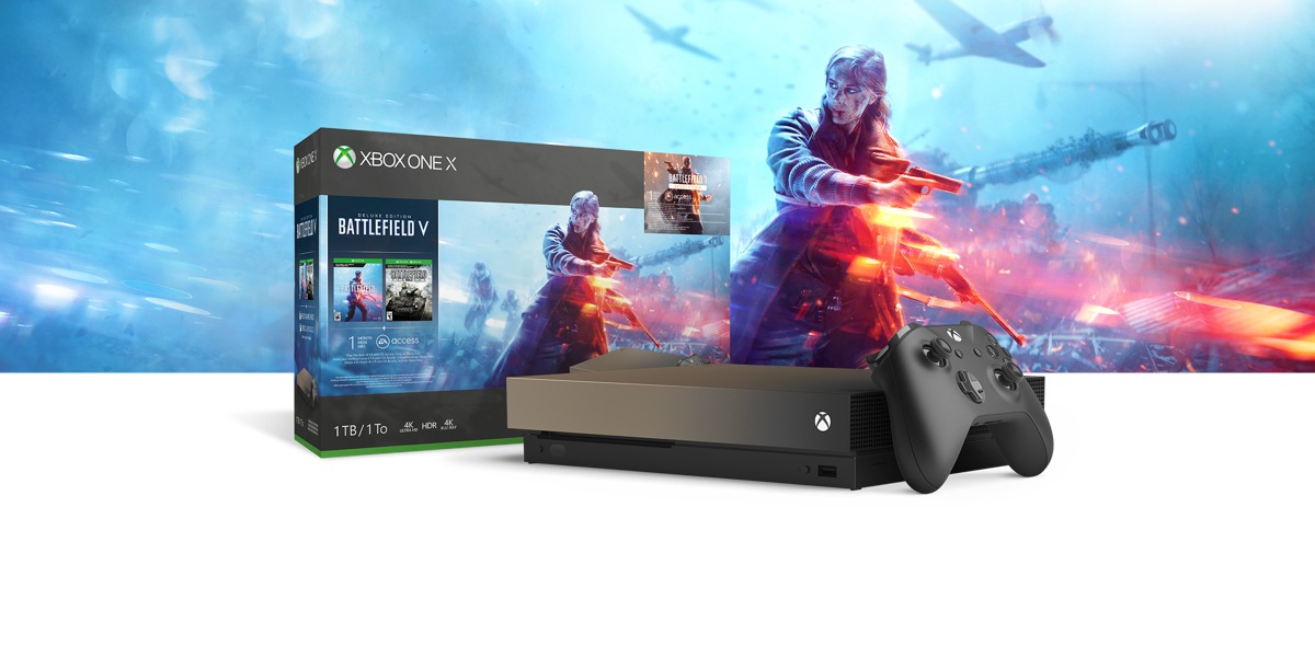 Xbox One X Gold Rush Special Edition Battlefield V bundle box art