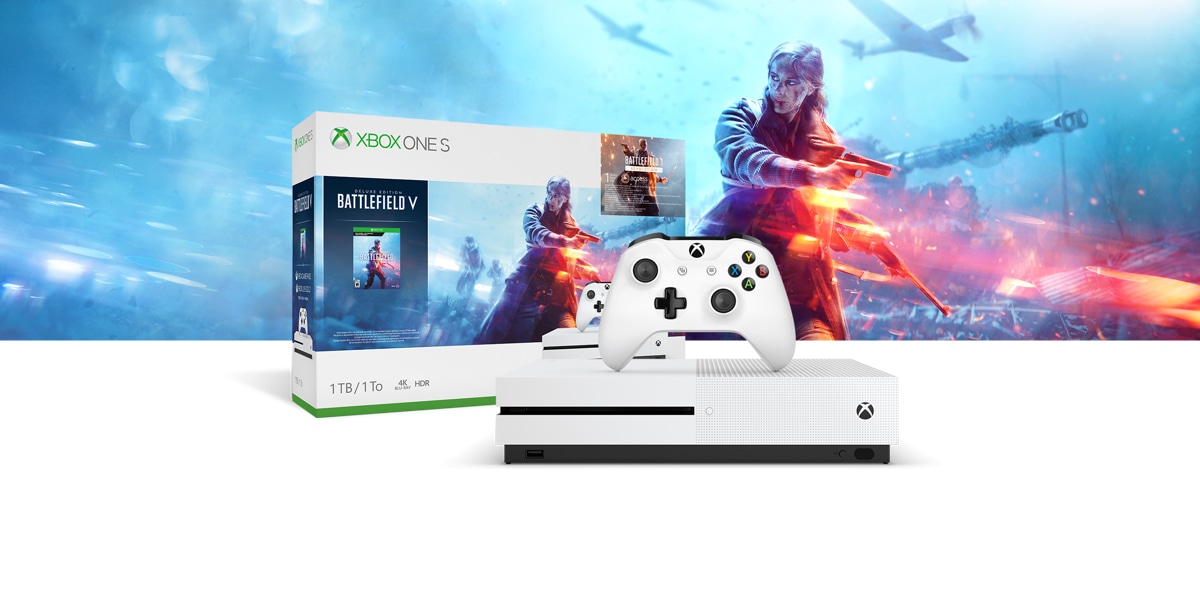 Xbox One S console in front of a hardware bundle box featuring Battlefield V art