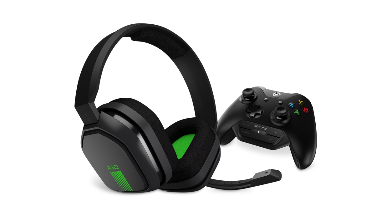Front view of the Logitech A10 Headset and MixAmp M60 with an Xbox Controller
