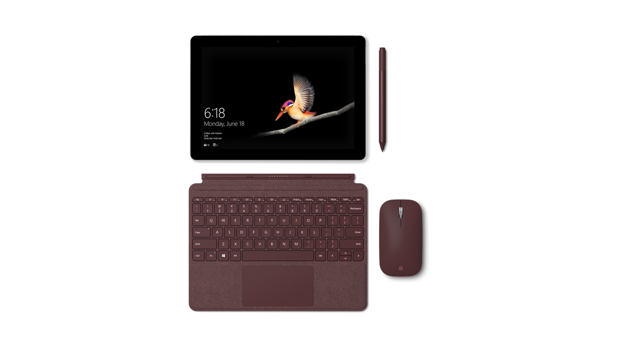 Surface Go, burgundy pen, type cover, and mouse