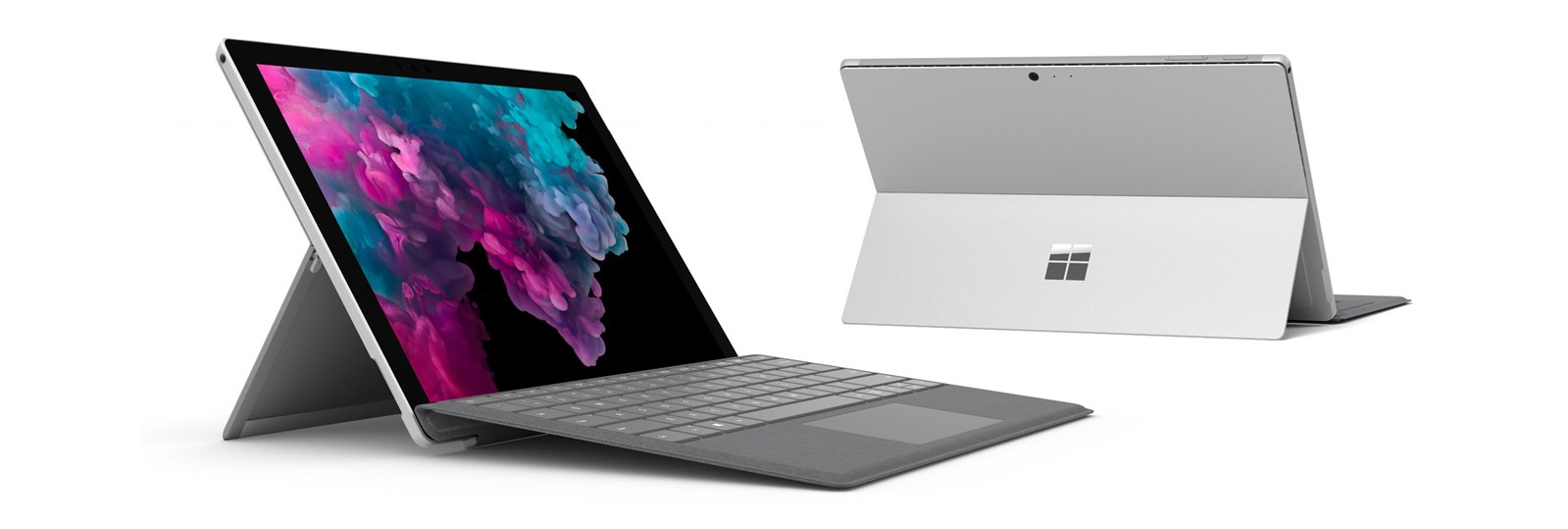 Surface Pro 6 seen from the front in laptop mode with Surface Pro Type Cover, and from behind with the Kickstand deployed
