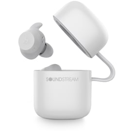 Epsilon Soundstream H2GO True Wireless Earbuds White next to their case