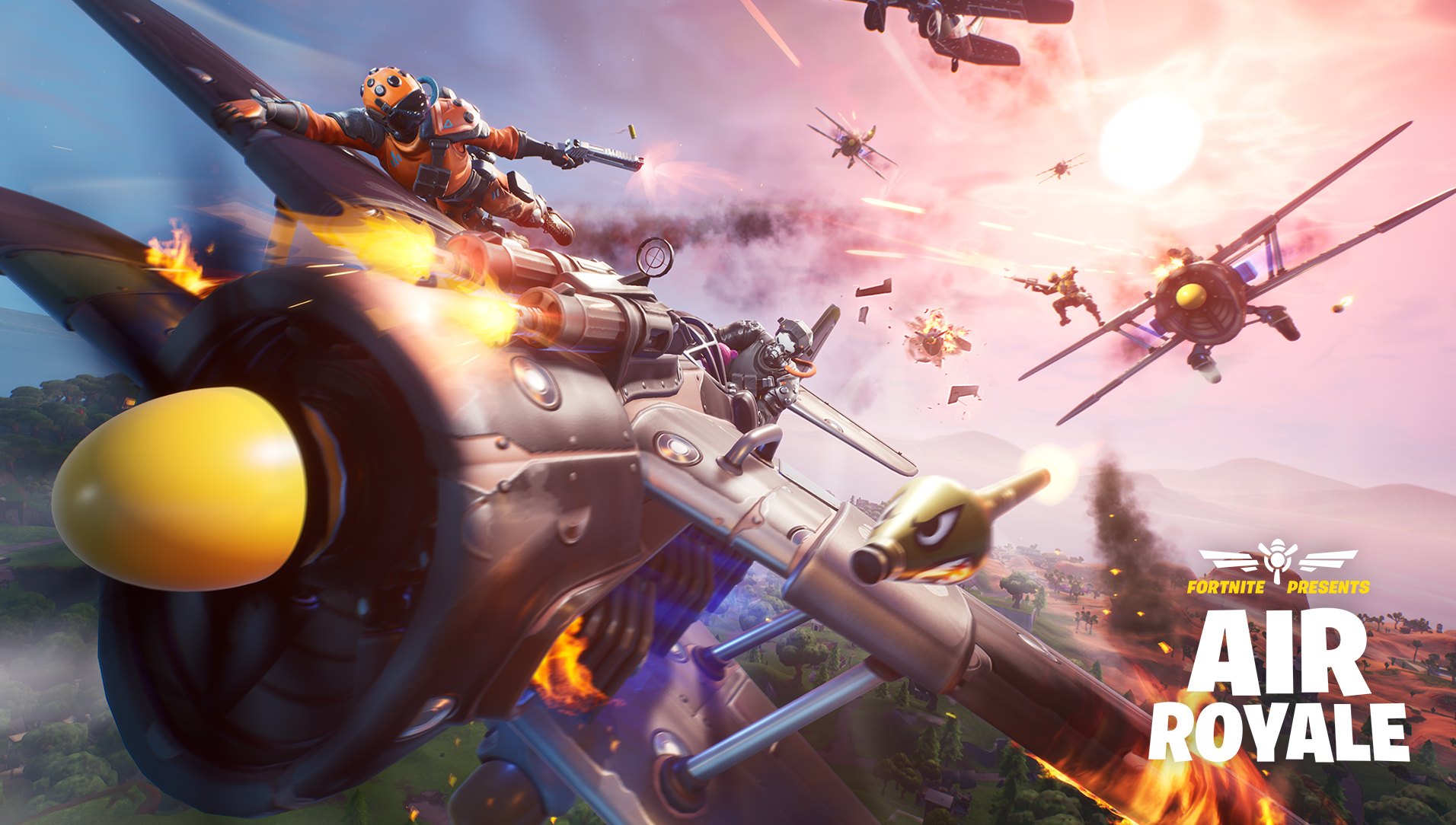 fortnite presents air royale propeller plane being piloted with an additional character hanging off the - super striker fortnite gameplay