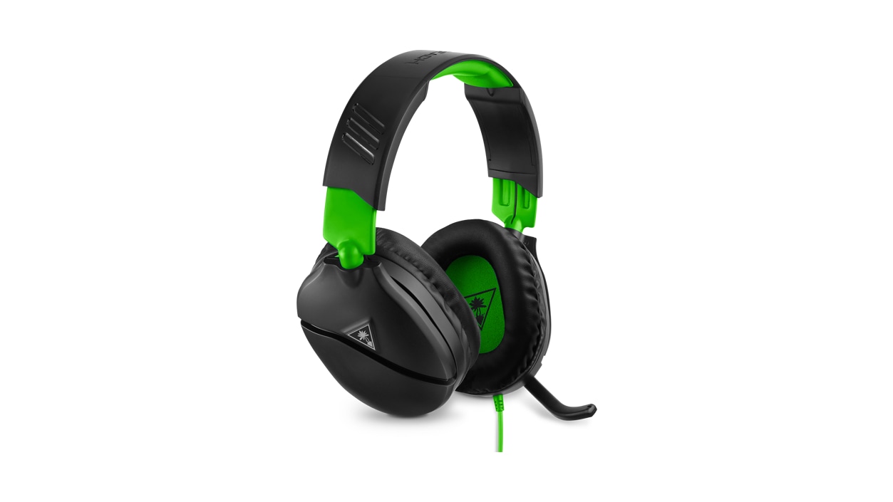 Left front view of black Turtle Beach Recon 70 headset with mic flipped down