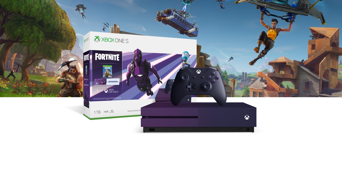 Xbox One S Fortnite Special Edition bundle box art with the Fortnite players entering the battle royal map
