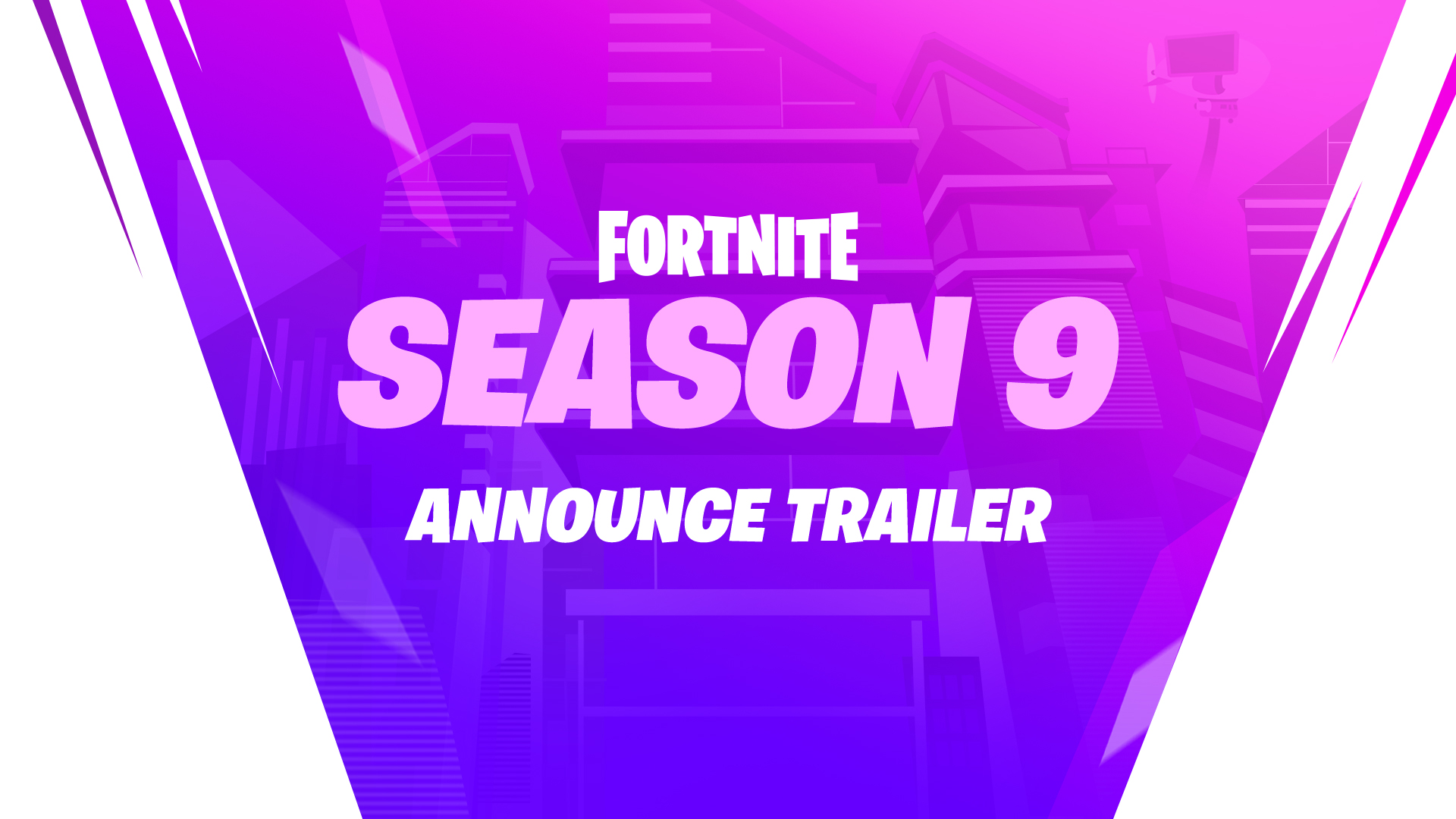 play fortnite season 9 announce trailer outline of a building in pink to black gradient - fortnite laguna starter pack microsoft