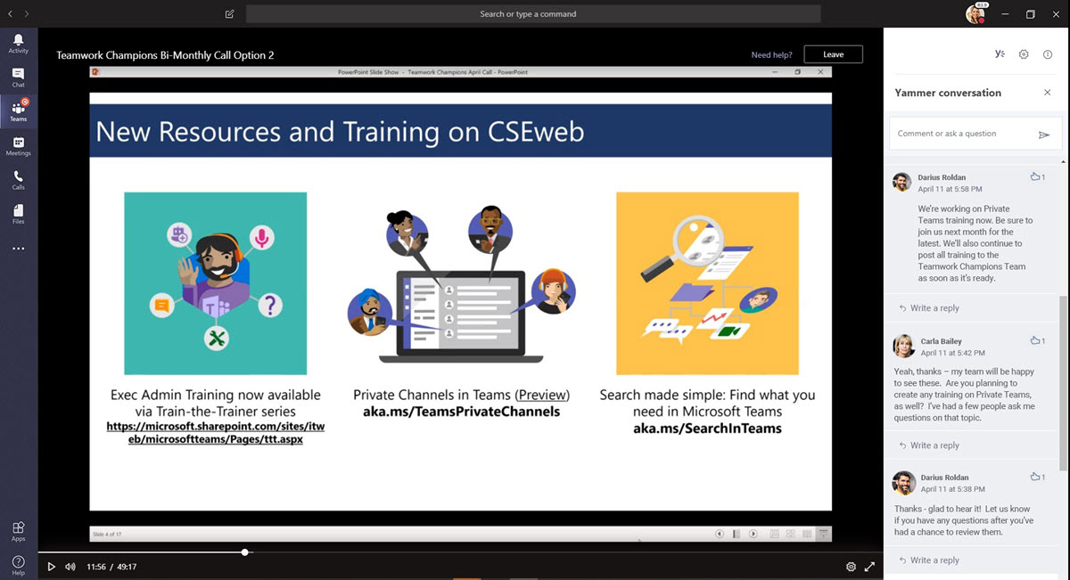 A screen shot showing a Teamwork Champions online meeting hosted on Microsoft Teams. A real-time Yammer conversation is part of this live event.