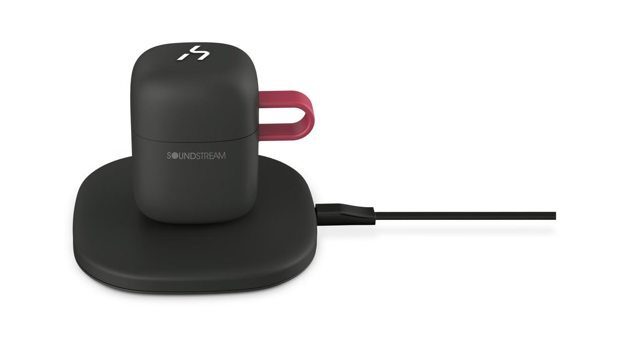 Epsilon Soundstream H2GO True Wireless Earbuds - Black charging in their case 