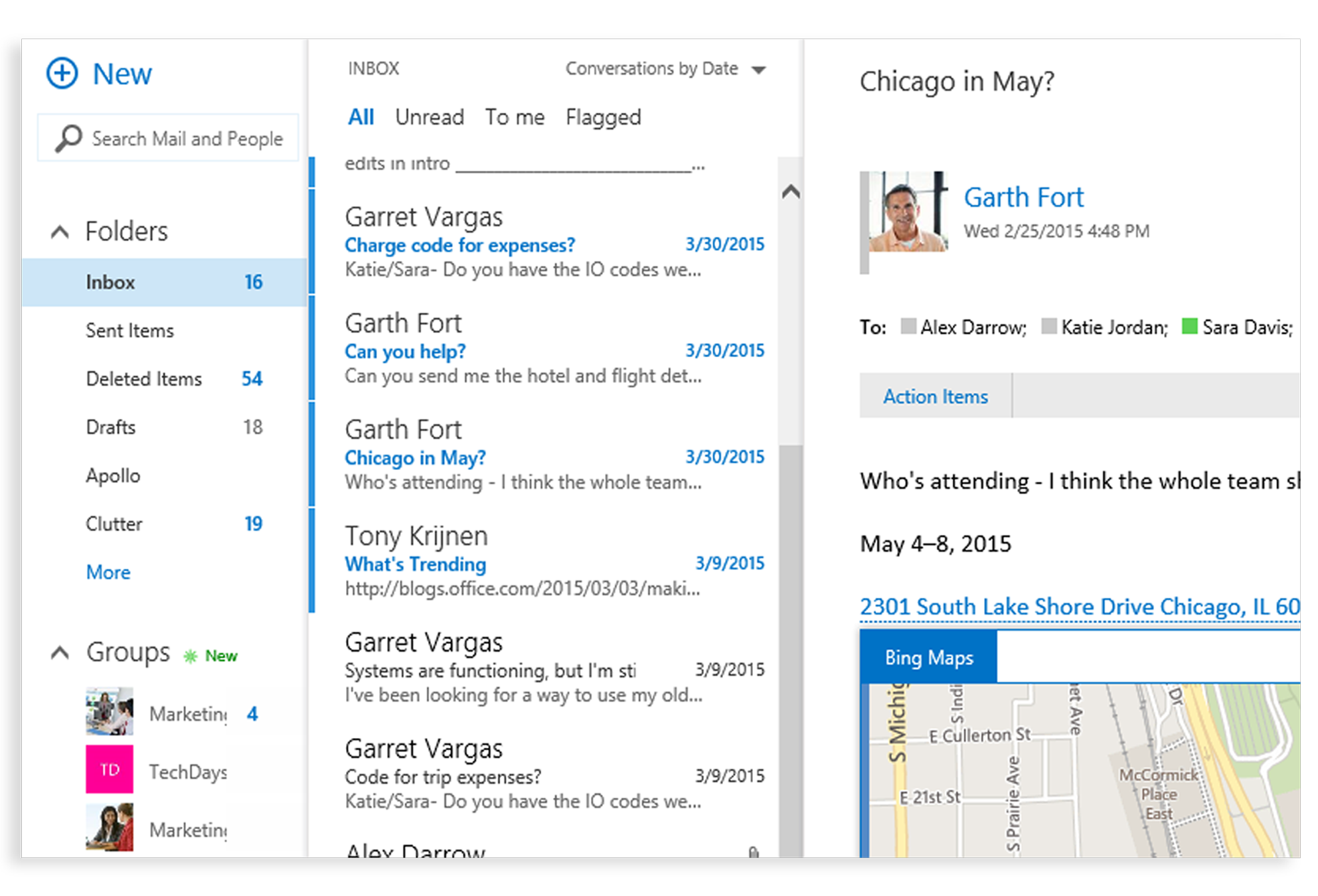 Partial screenshot of an Outlook inbox showing a Bing map within an email message