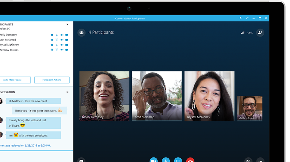 Surface tablet displaying a Skype for Business online meeting on the screen