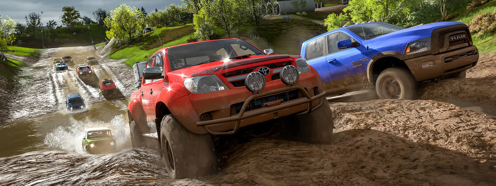 Trucks racing through the mud in Forza Horizon 4