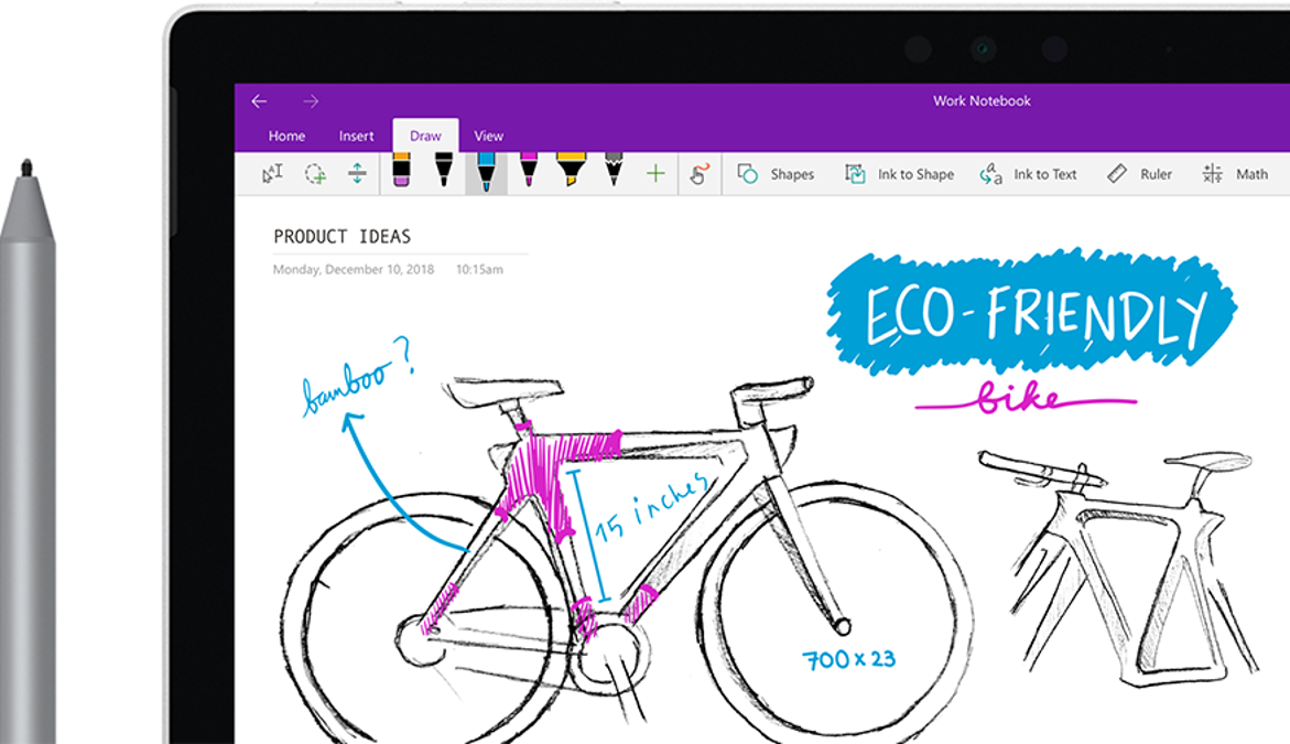 A digital pen sketching an image of a bike called ‘Eco bike’ on a tablet computer