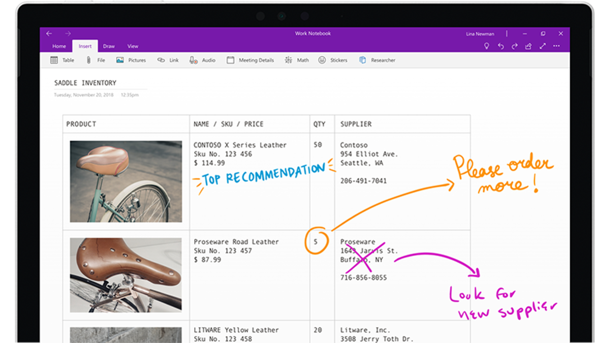 A OneNote page titled Saddle Inventory with ink annotations