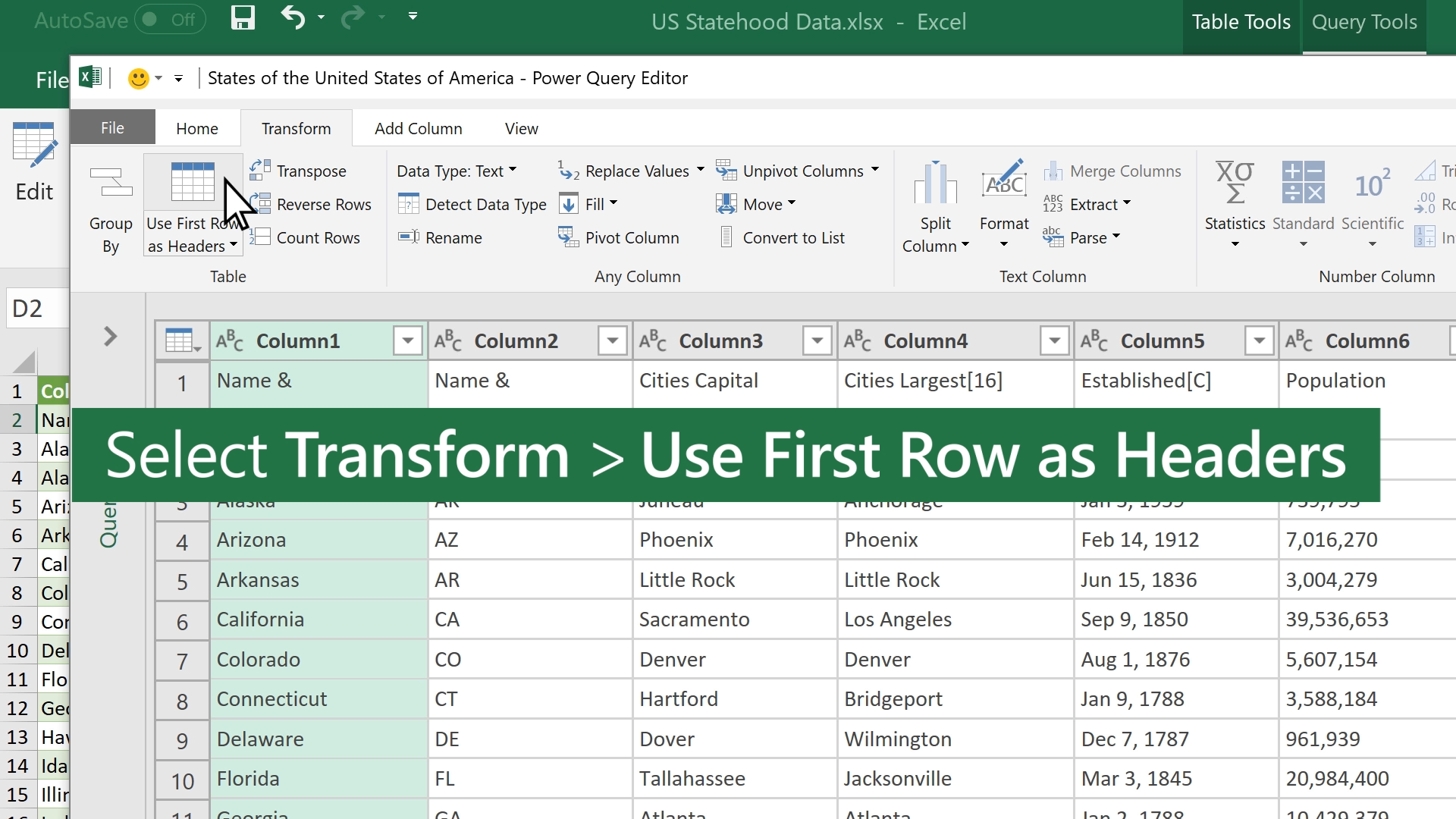Promote or demote rows and column headers (Power Query)