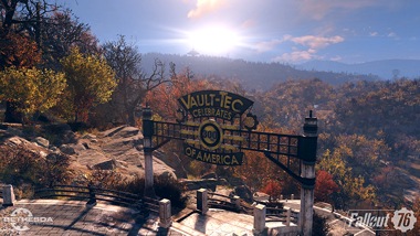A Vault-tec sign celebrating 300 years of America outside vault 76