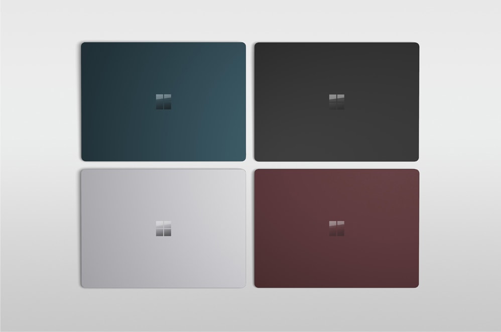 Surface Laptop 2 in Cobalt Blue, Black, Platinum, and Burgundy