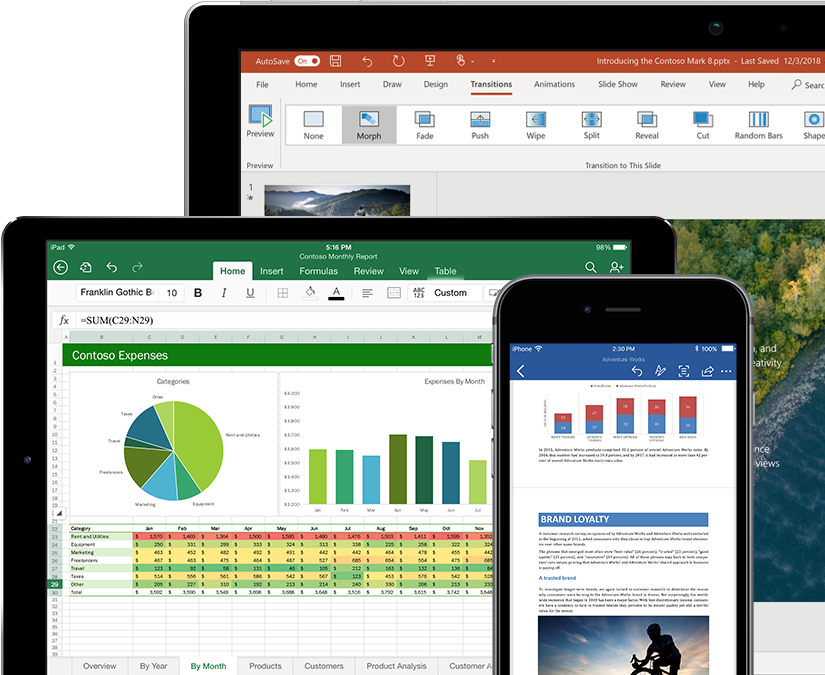 A smartphone, a desktop monitor, and two tablet computers featuring Office 365 apps