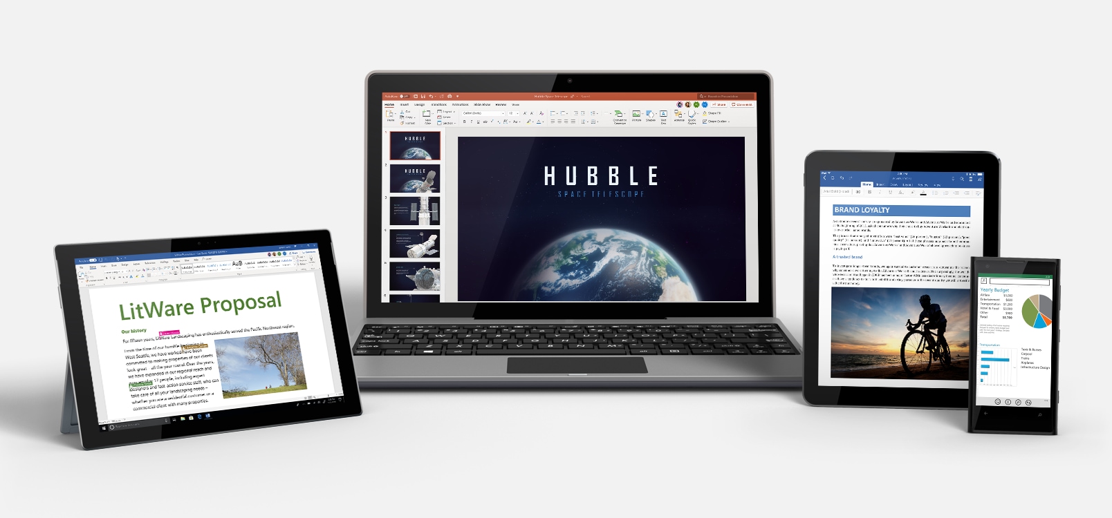 A Windows tablet, a laptop, an iPad, and a smartphone showing Office 365 in use.