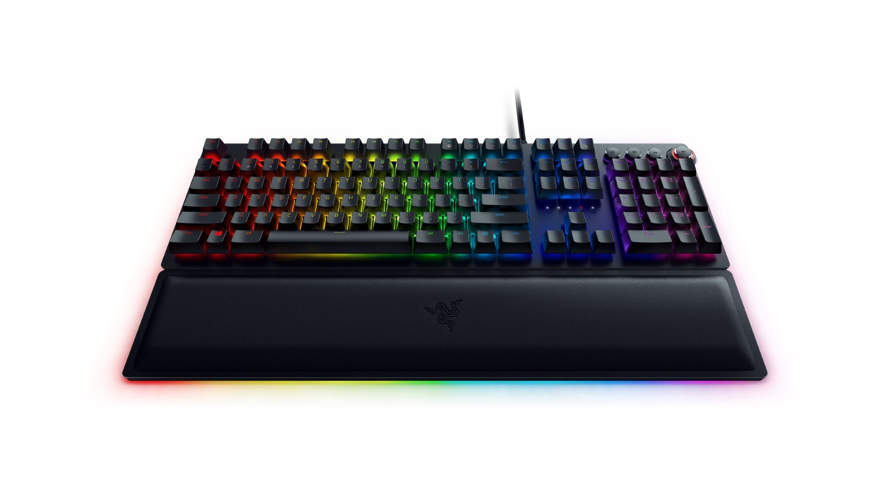 Front angled view of Razer Huntsman Elite Opto-Mechanical Gaming Keyboard with back light on