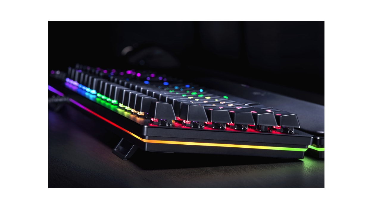 Close up view of Razer Huntsman Elite Opto-Mechanical Gaming Keyboard backlit keys 