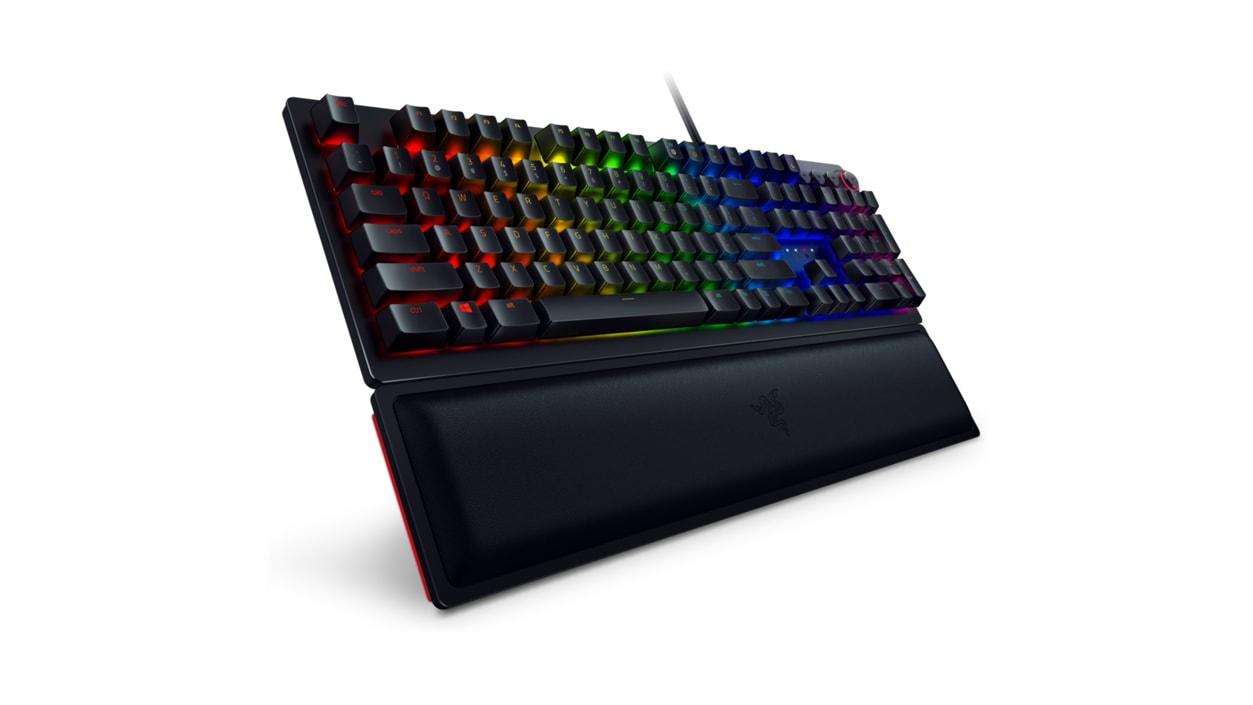 Left front view of Razer Huntsman Elite Opto-Mechanical Gaming Keyboard with back light off